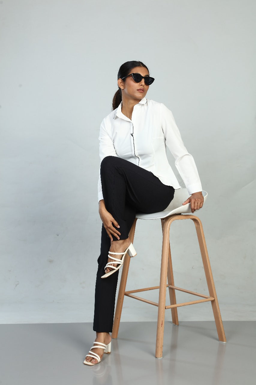 Monochrome Muse: White Formal Shirt with Black Accents