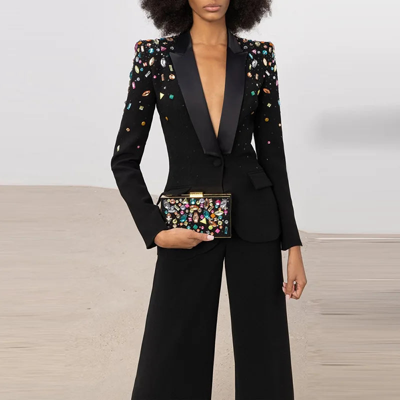 Black Color Rhinestone blazer and Long Pant Two Piece Set Formal Office Women Ladies Suits