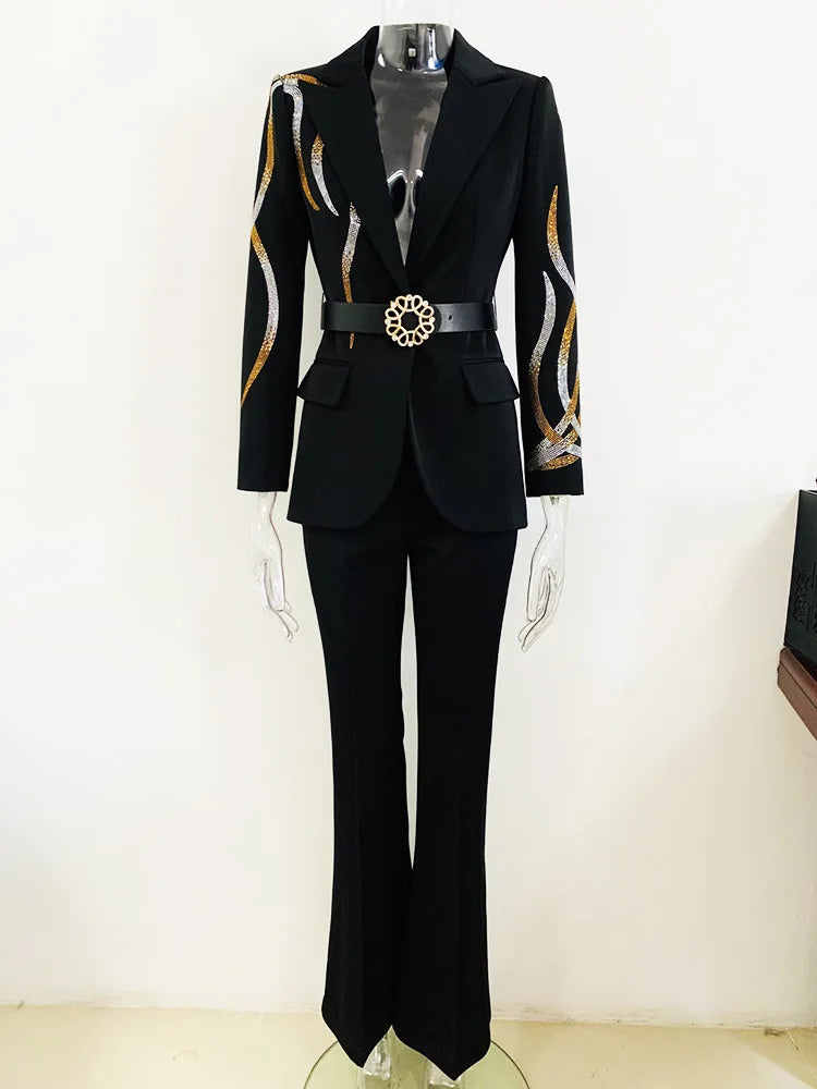 Elegant Office Women Suit Fashion Blazer and Pants Set With Belt Beading Two Pieces Women Formal Suit