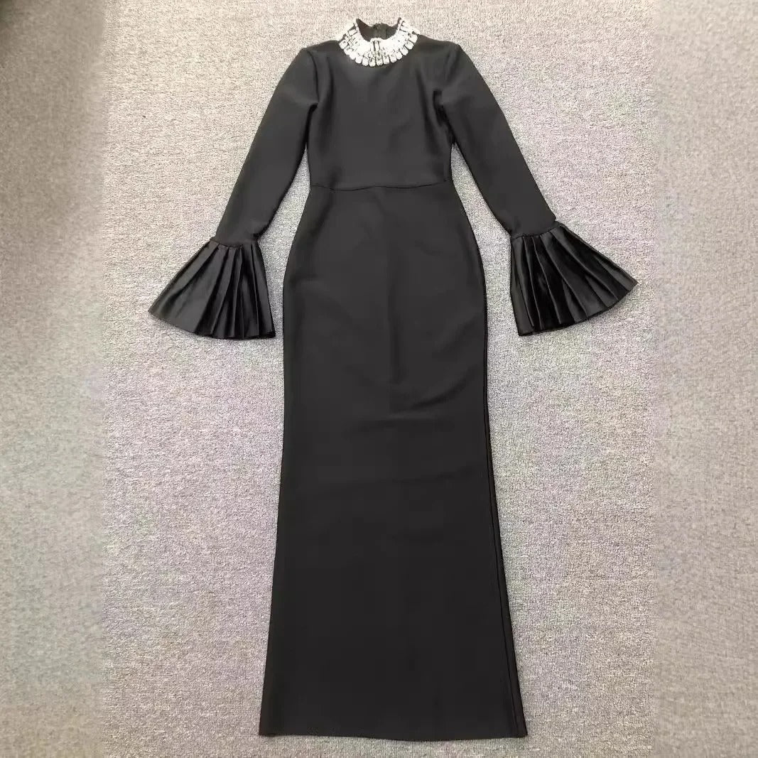 Black Ban Neck Embroidered Long Dress – Elegant Embroidered Maxi Dress for Women