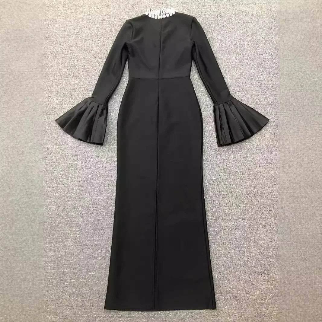 Black Ban Neck Embroidered Long Dress – Elegant Embroidered Maxi Dress for Women