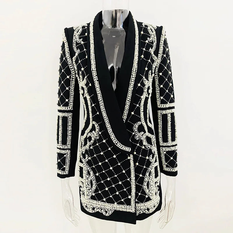 High Quality Woman Luxury Crystal and Pearl Beading Emblish blazer Dress