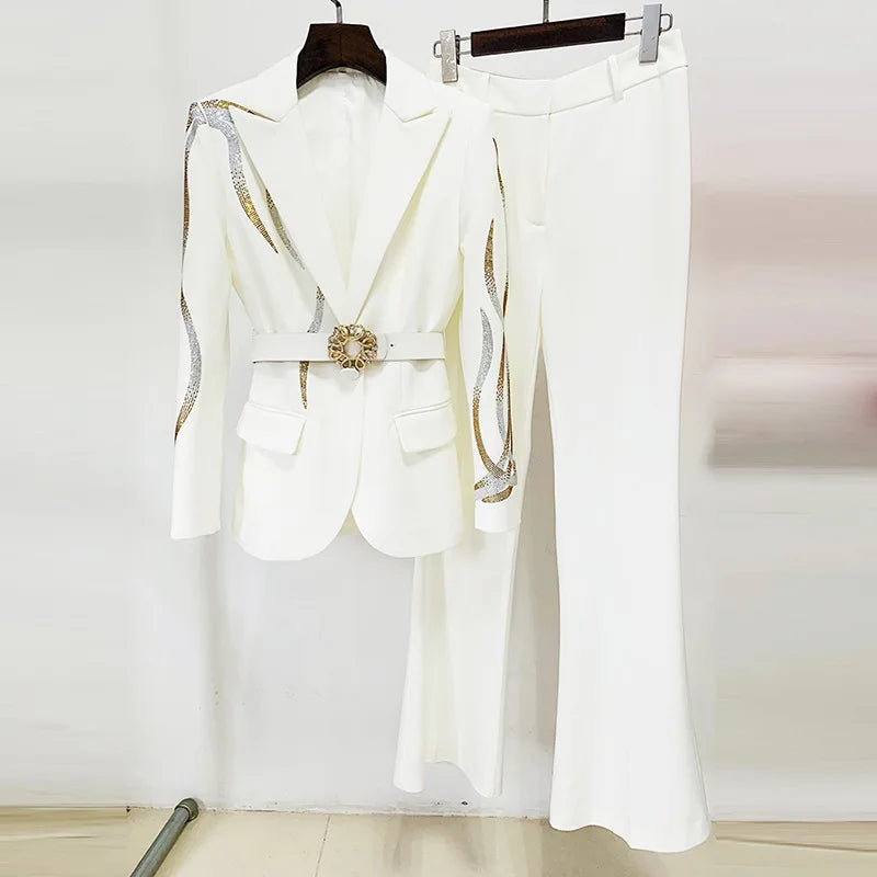 Elegant Office Women Suit Fashion Blazer and Pants Set With Belt Beading Two Pieces Women Formal Suit