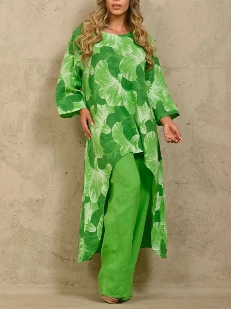 Elegant O-Neck Long-Sleeved Long-Tailed Top + Pants 2-Piece Set