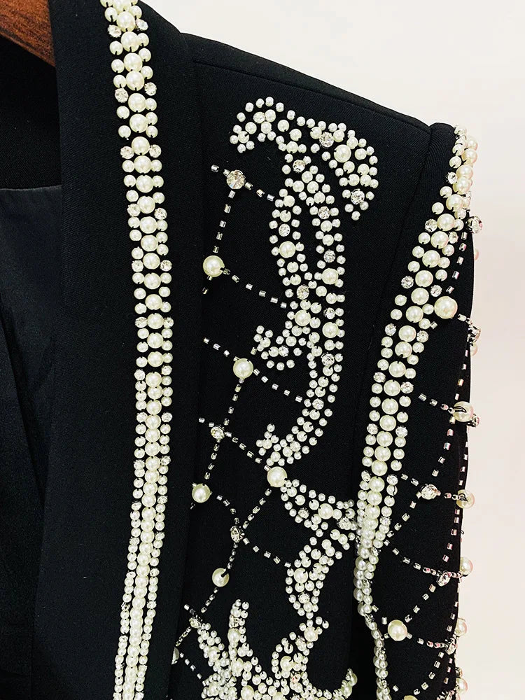High Quality Woman Luxury Crystal and Pearl Beading Emblish blazer Dress