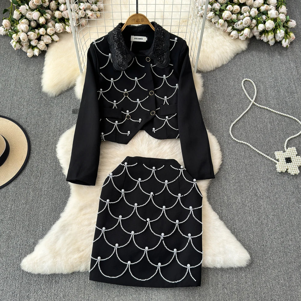 Gold Wind Pearl Chain Set Double Breasted Woolen Coat Skirt Set 2024 Spring and Autumn New Model