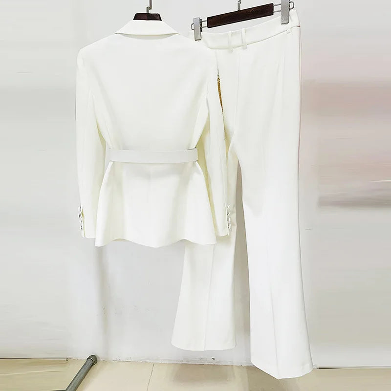 Elegant Office Women Suit Fashion Blazer and Pants Set With Belt Beading Two Pieces Women Formal Suit
