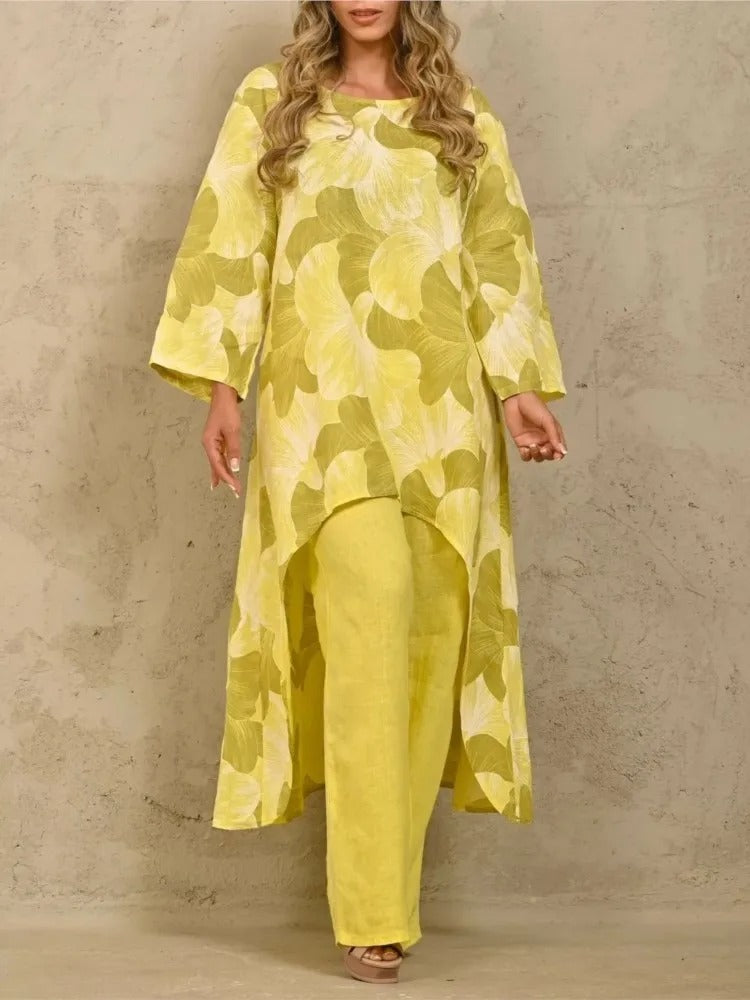 Elegant O-Neck Long-Sleeved Long-Tailed Top + Pants 2-Piece Set