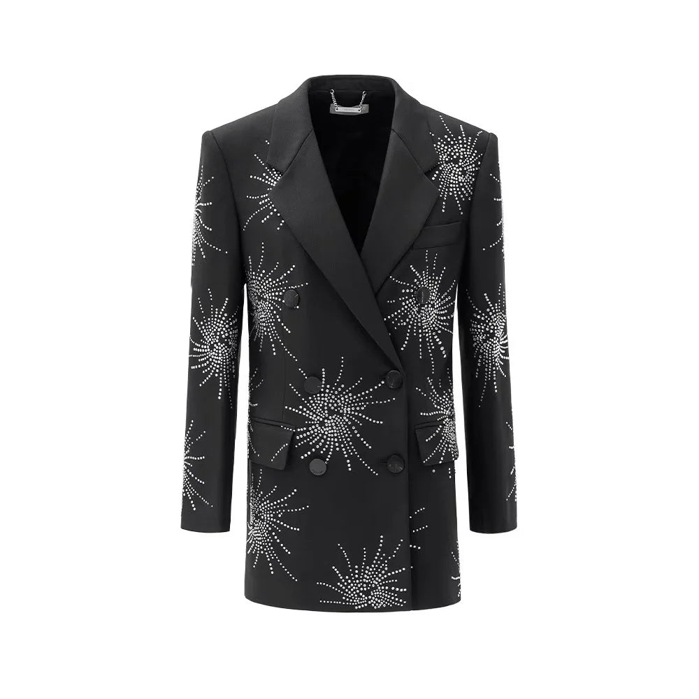 Classy Heavy Industry Hot Diamond Long Sleeves Suit Outwear Women's Loose Medium Long Suit