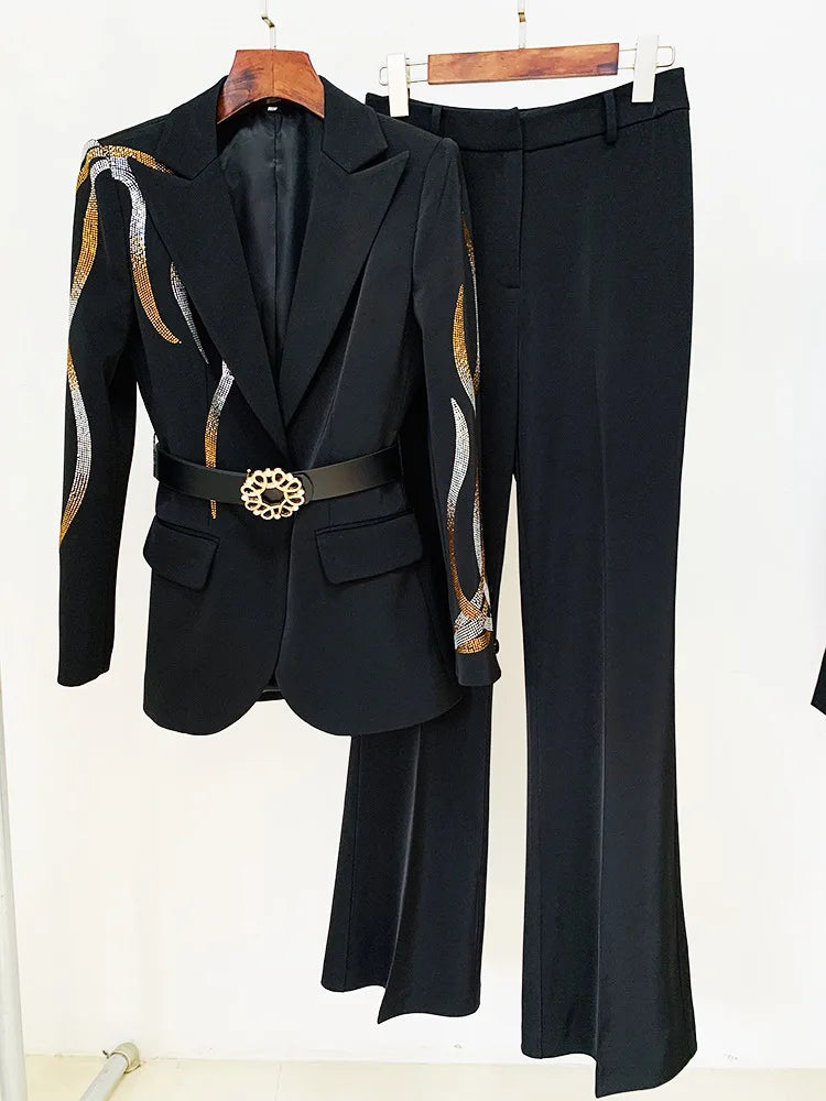 Elegant Office Women Suit Fashion Blazer and Pants Set With Belt Beading Two Pieces Women Formal Suit