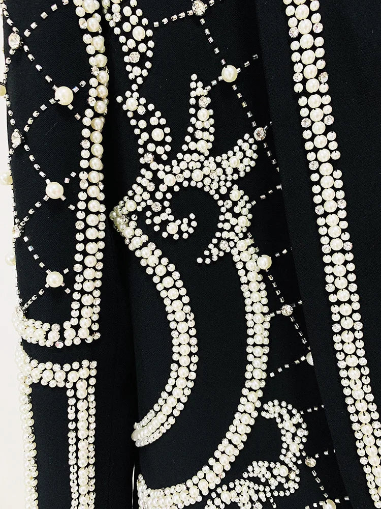 High Quality Woman Luxury Crystal and Pearl Beading Emblish blazer Dress