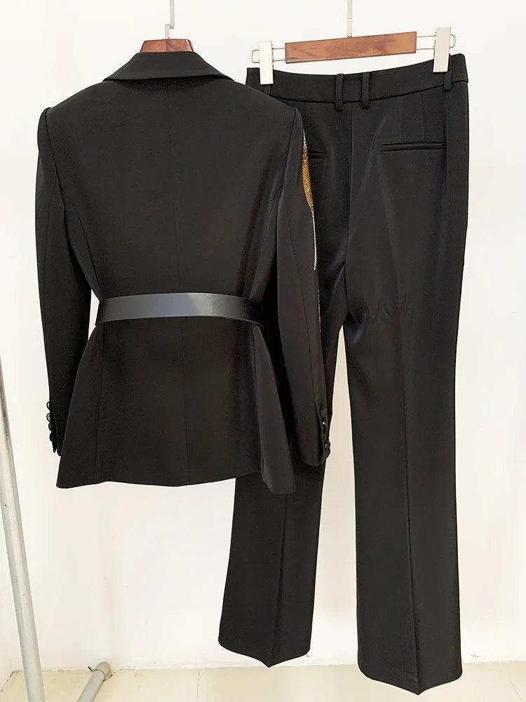 Elegant Office Women Suit Fashion Blazer and Pants Set With Belt Beading Two Pieces Women Formal Suit