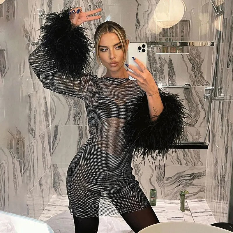 Crystal Embellished Mesh Mini Dress