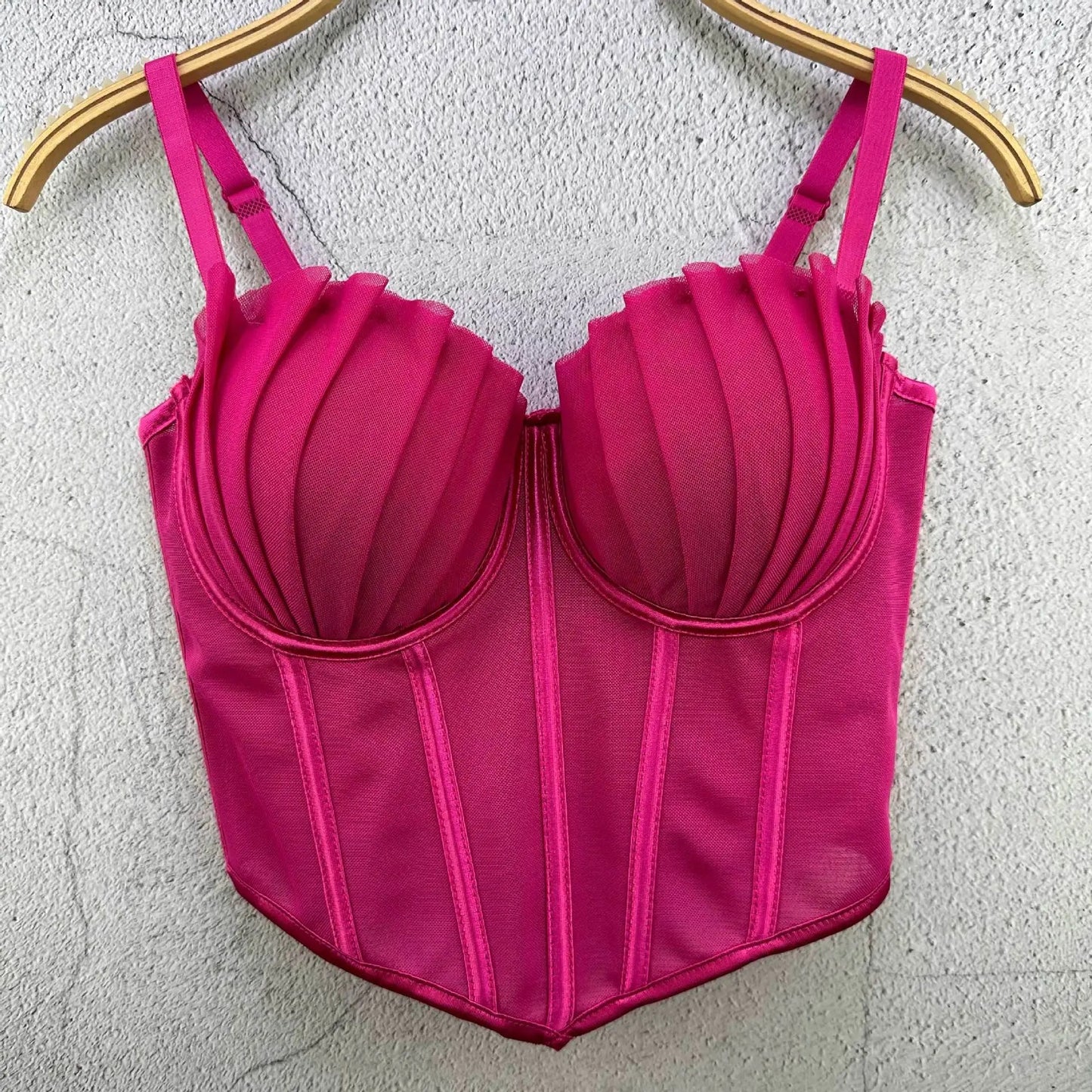 Pleated Mesh Retro Corset Crop Top – Shell Shape Bustier for Women | Elegant Party Camisole