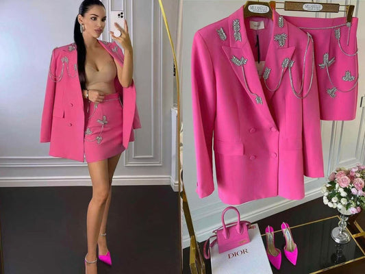 Beading Double-breasted Long Sleeve Women Office Blazer Short Mini Notched Dress