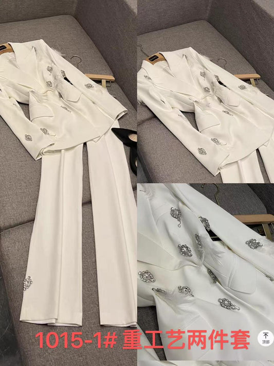 Lady Elegant Style Solid Office Suit Beading Feather Notched Long Sleeve Blazer Slight Flared Pants Women 2Pcs