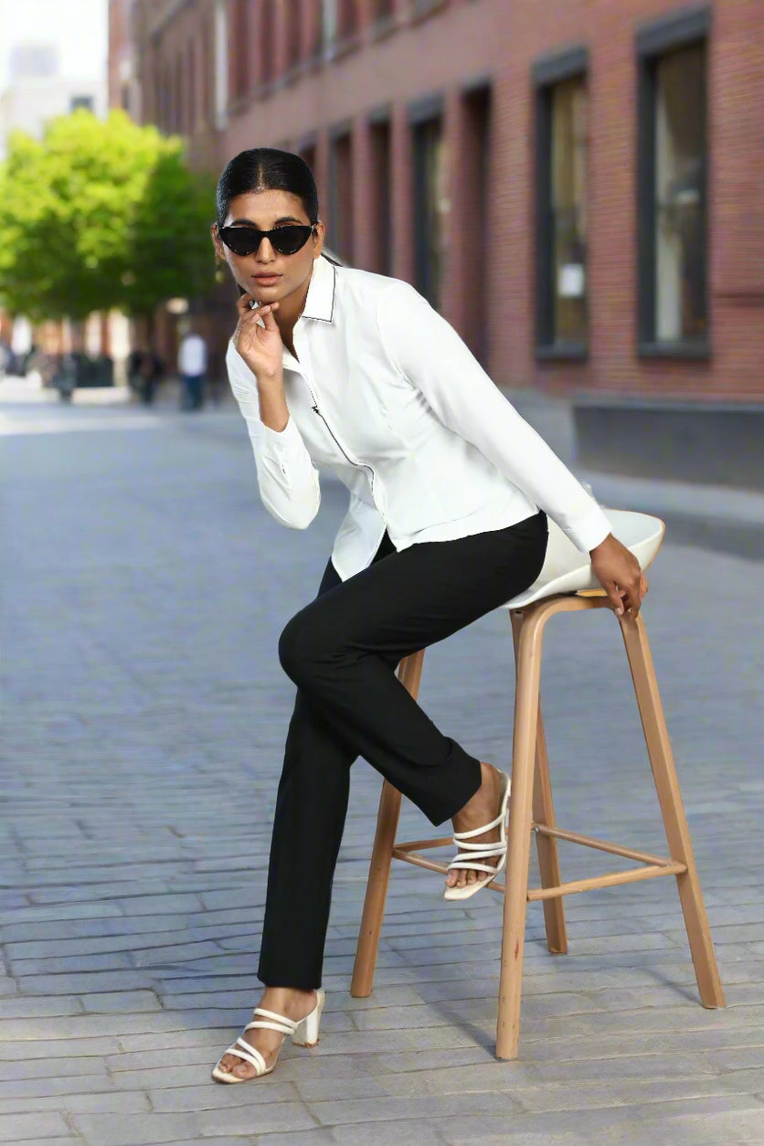Monochrome Muse: White Formal Shirt with Black Accents