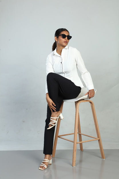 Monochrome Muse: White Formal Shirt with Black Accents