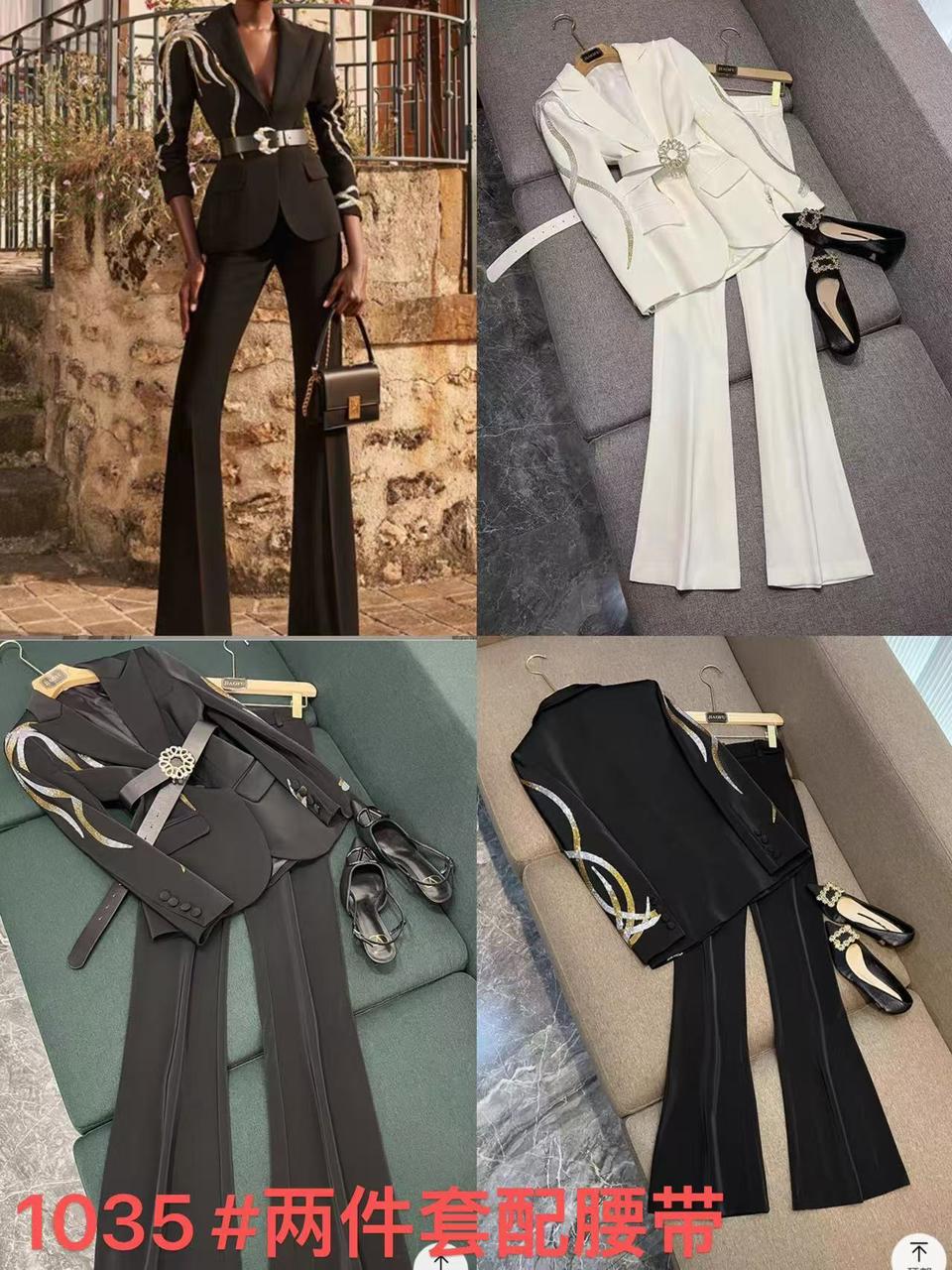 Elegant Office Women Suit Fashion Blazer and Pants Set With Belt Beading Two Pieces Women Formal Suit