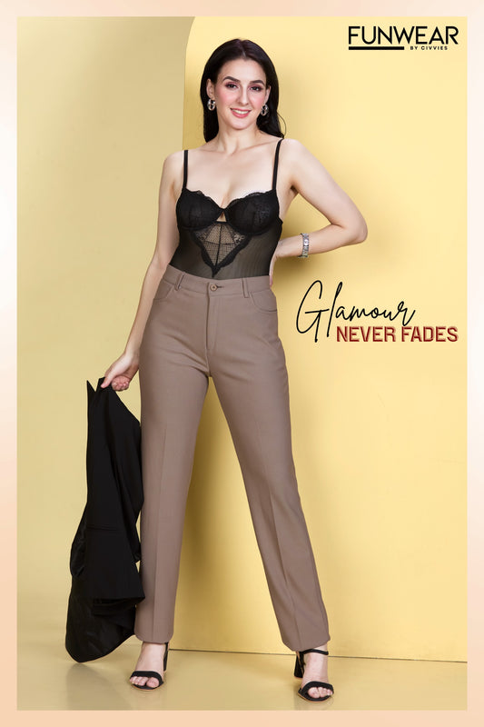 Funwear Women's Black Body Suit & Beige Trouser Formal Set