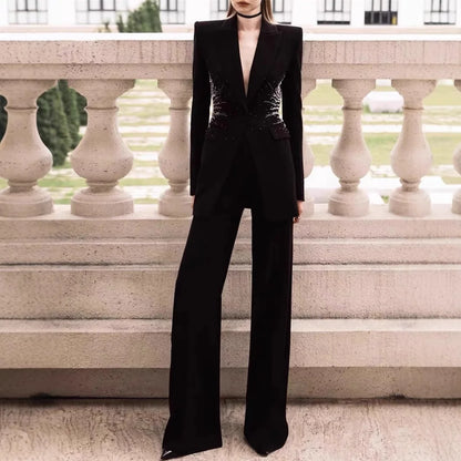 High-end Sense of Design Black Heavy Industry Hand-beaded Black Suit Loose Pants Two-piece Set