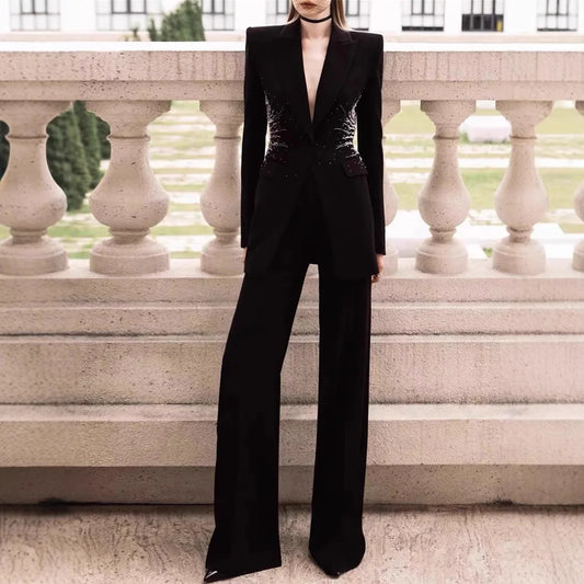 High-end Sense of Design Black Heavy Industry Hand-beaded Black Suit Loose Pants Two-piece Set