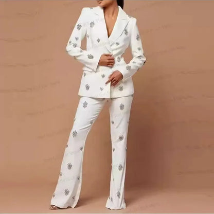 Exquisite Rhine Stone Beaded blazer Flared Pants Two-piece Suit
