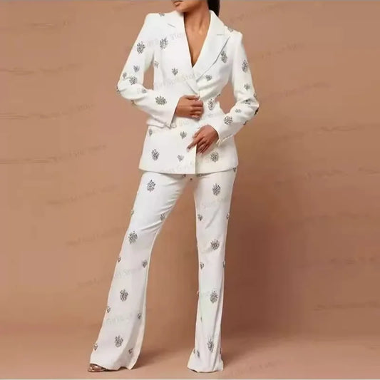 Exquisite Rhine Stone Beaded blazer Flared Pants Two-piece Suit