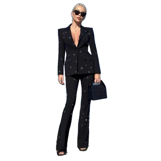 Casual Long-sleeved Jacket SContemporary Design Details:uit Slim Flared Long Pants Two-piece Set