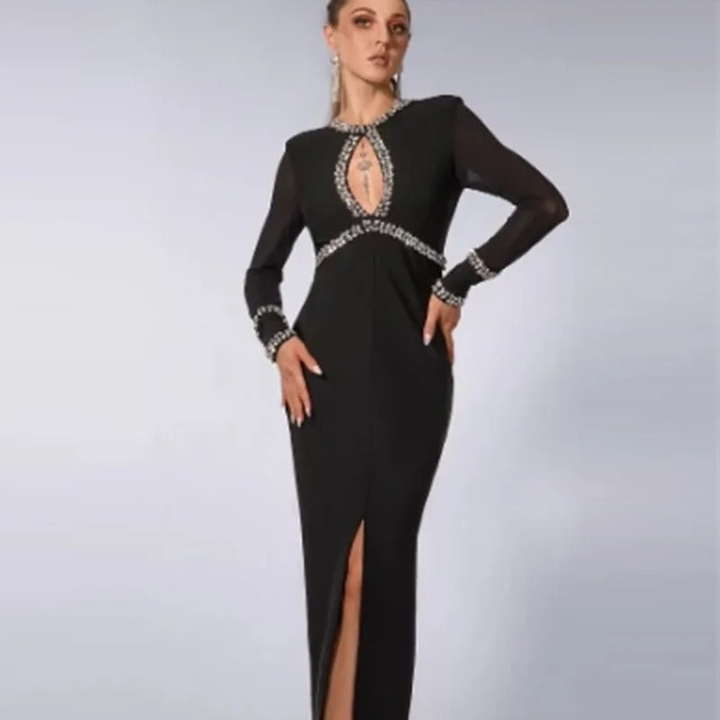 Black long Party dress Front Slit Elegant Dress for Women"