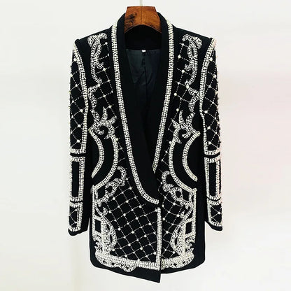 High Quality Woman Luxury Crystal and Pearl Beading Emblish blazer Dress