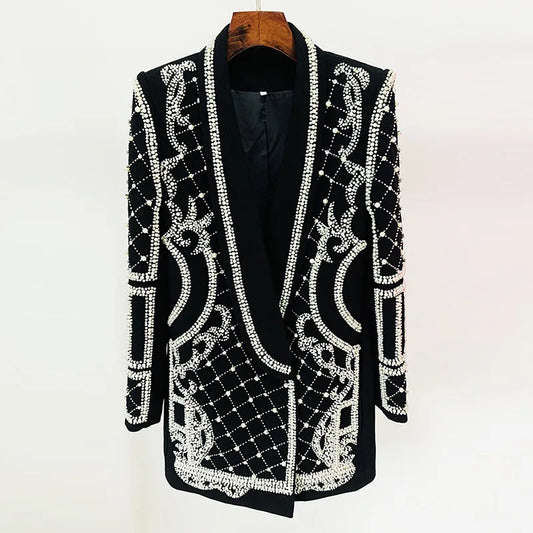 High Quality Woman Luxury Crystal and Pearl Beading Emblish blazer Dress