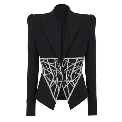 Luxurious Crystal Bead Blazer for Women Sparkly Rhinestone Pattern Oversize Women's Black Blazer Jacket Coat