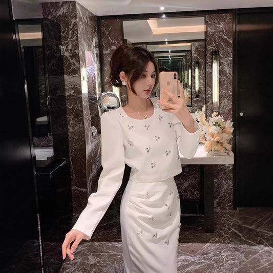 High-grade Classic Style Hip Skirt Suit Women's Rhine Stone Long Sleeve Top and Skirt Two-piece Set