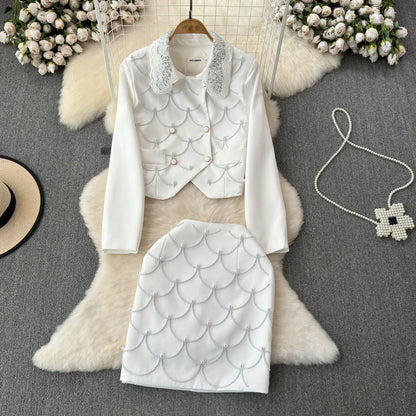 Gold Wind Pearl Chain Set Double Breasted Woolen Coat Skirt Set 2024 Spring and Autumn New Model