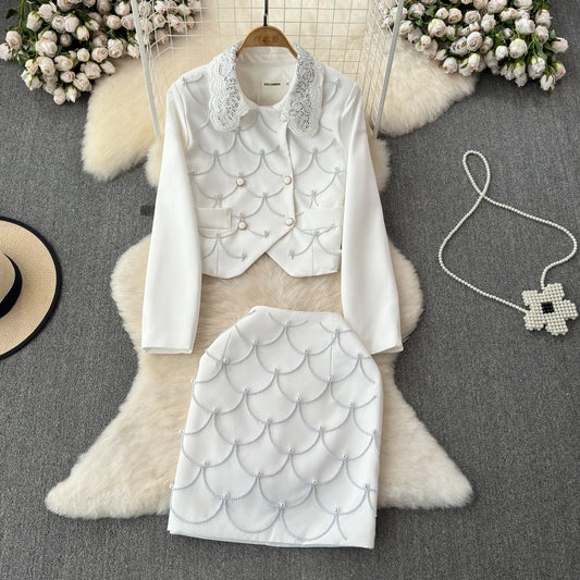 Gold Wind Pearl Chain Set Double Breasted Woolen Coat Skirt Set 2024 Spring and Autumn New Model