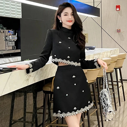 2 Piece Set Elegant for Women Crop Top Skirts Set Shiny Beading Black Solid Blouse and A-line Skirt Suit