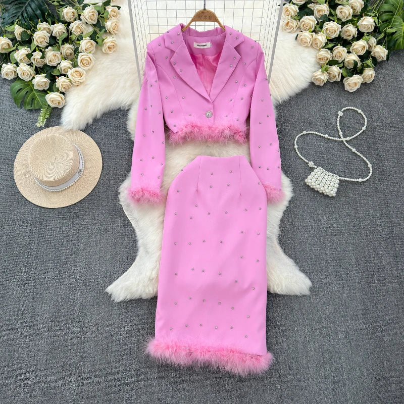 Spring Suit Long Sleeve Jacket Fashion High Waist Sweet Skirt Two Piece Set Female Rhinestone Suit