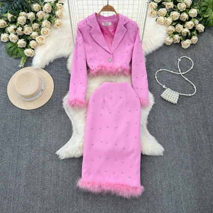 Spring Suit Long Sleeve Jacket Fashion High Waist Sweet Skirt Two Piece Set Female Rhinestone Suit