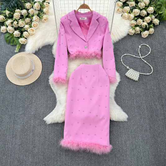 Spring Suit Long Sleeve Jacket Fashion High Waist Sweet Skirt Two Piece Set Female Rhinestone Suit