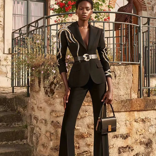 Elegant Office Women Suit Fashion Blazer and Pants Set With Belt Beading Two Pieces Women Formal Suit