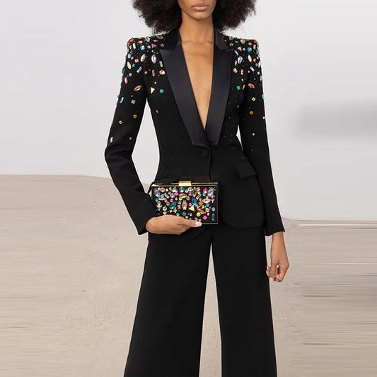 Black Color Rhinestone blazer and Long Pant Two Piece Set Formal Office Women Ladies Suits
