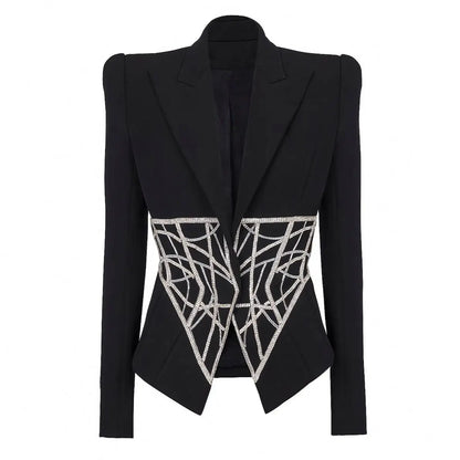 Luxurious Crystal Bead Blazer for Women Sparkly Rhinestone Pattern Oversize Women's Black Blazer Jacket Coat