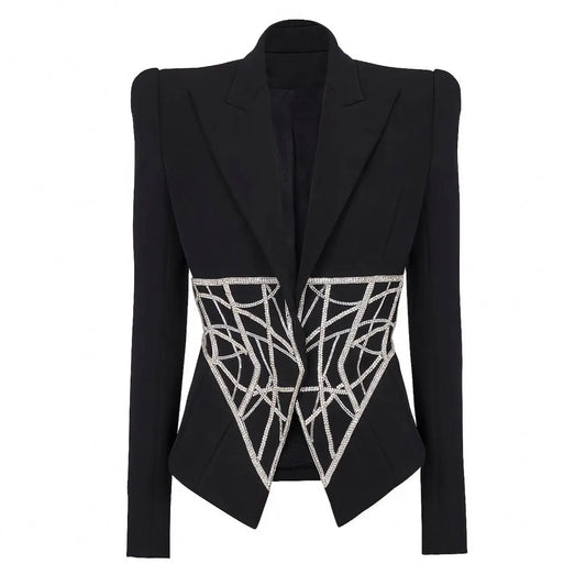 Luxurious Crystal Bead Blazer for Women Sparkly Rhinestone Pattern Oversize Women's Black Blazer Jacket Coat