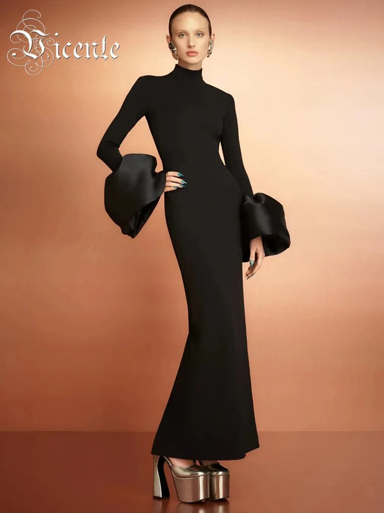 Stand-Up Neck & Flare Sleeves Bodycon for Cocktail & Evening Parties Black Maxi Dress