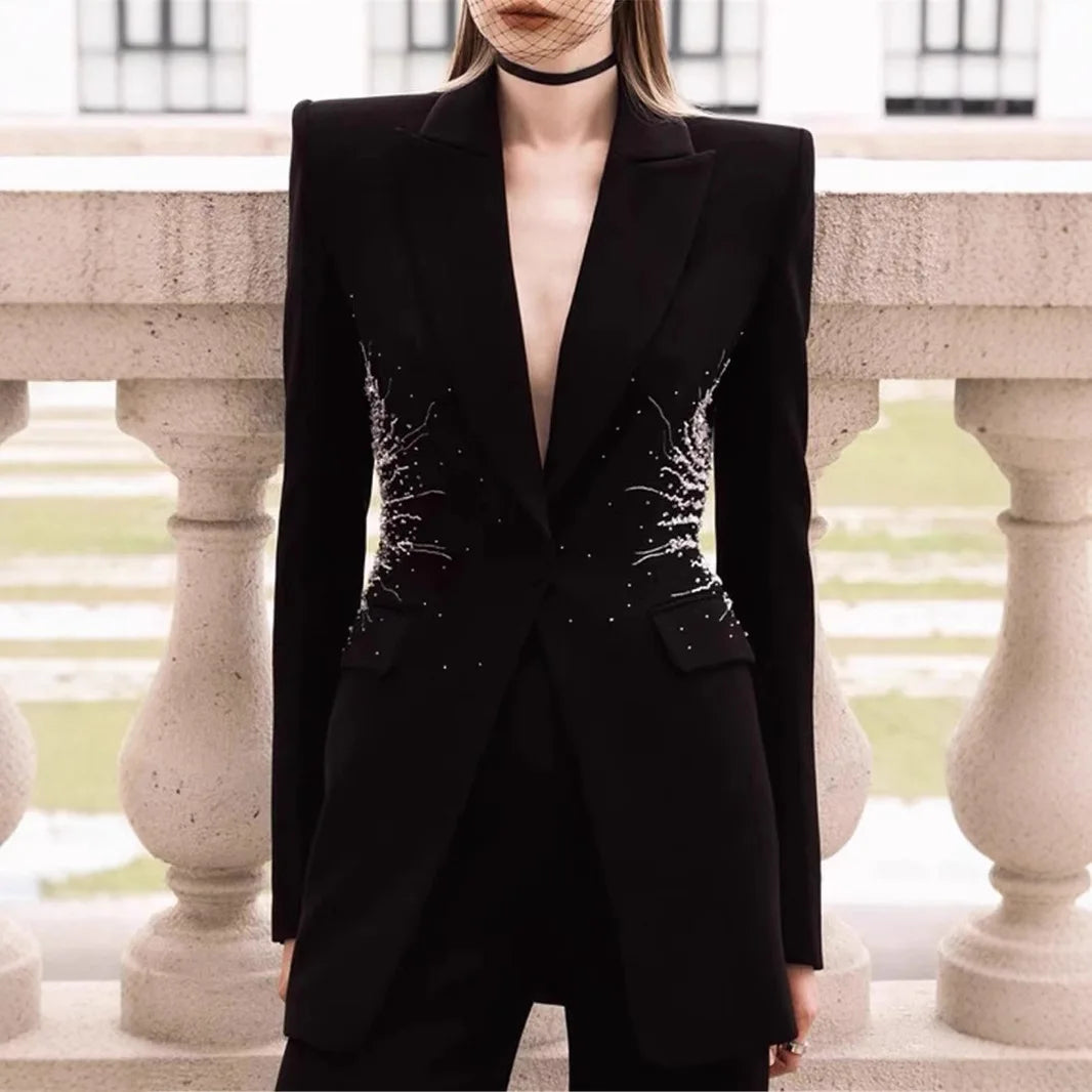 High-end Sense of Design Black Heavy Industry Hand-beaded Black Suit Loose Pants Two-piece Set