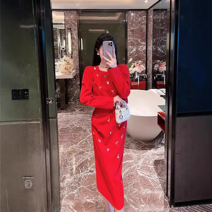 High-grade Classic Style Hip Skirt Suit Women's Rhine Stone Long Sleeve Top and Skirt Two-piece Set