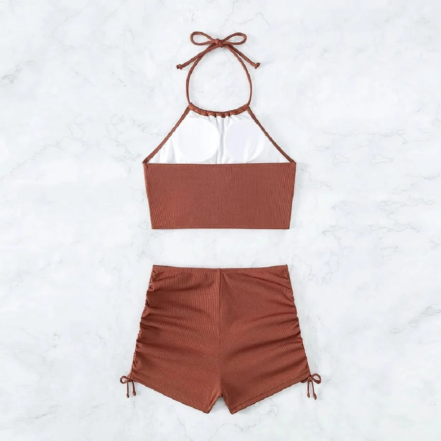 Brown Backless Top and Hipster Shorts Set