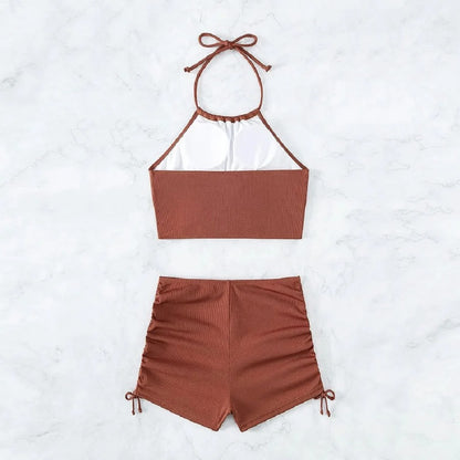 Brown Backless Top and Hipster Shorts Set