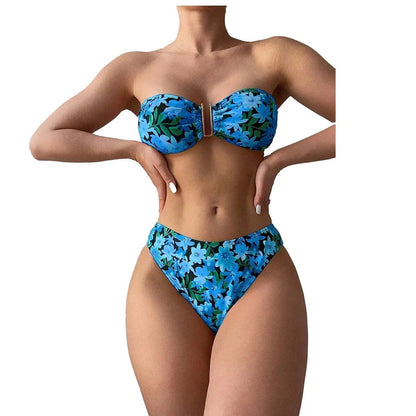Funwear Print Split Bikini 3-Piece Set – Backless High Waist Bandeau Swimsuit for Women | Vacation Beach Wear